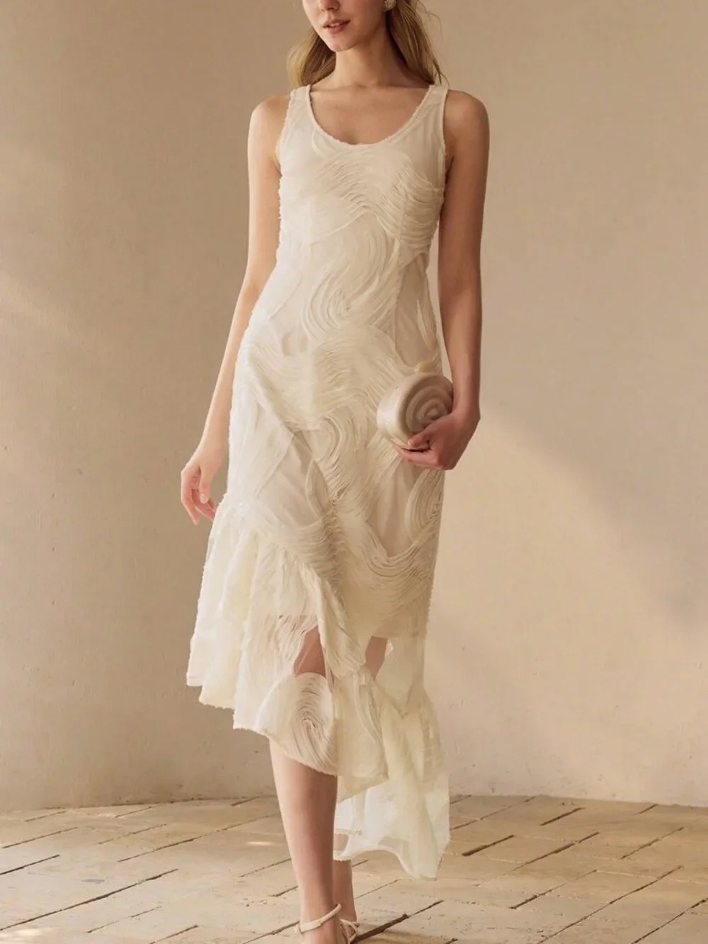 Apricot Elegant Asymmetrical Ruffle Hem Tie-Back Cinched Waist Women's Dress - Picture 3 of 7